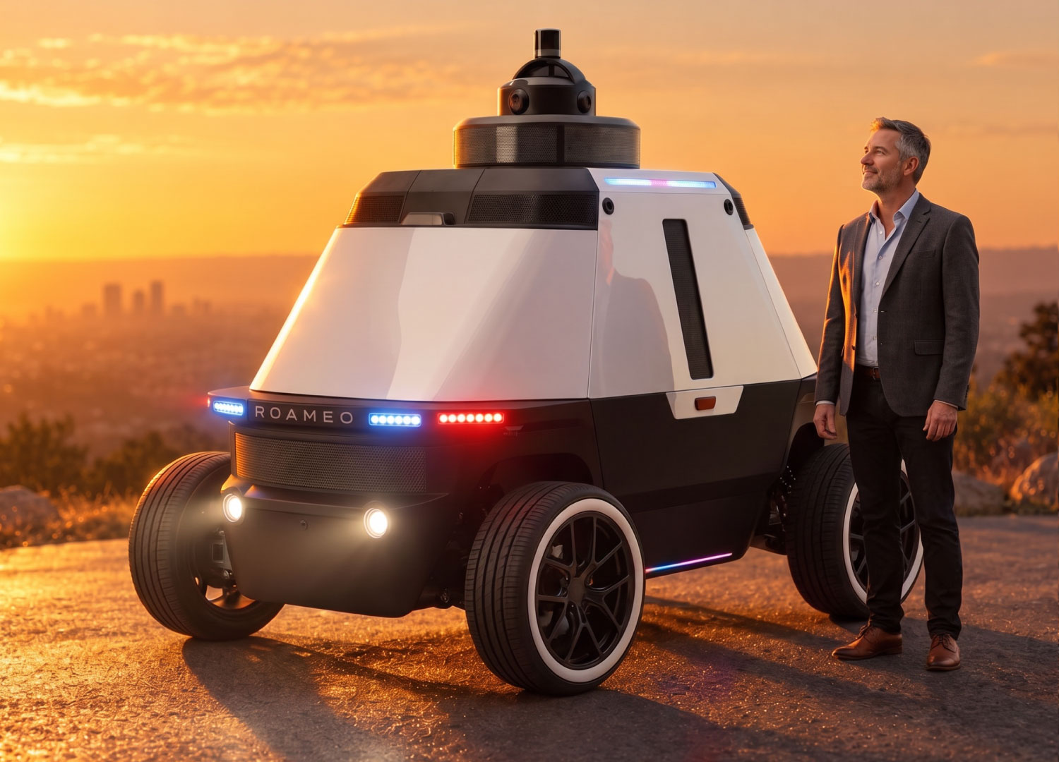 ROAMEO autonomous security patrol vehicle, shown in a studio visualization